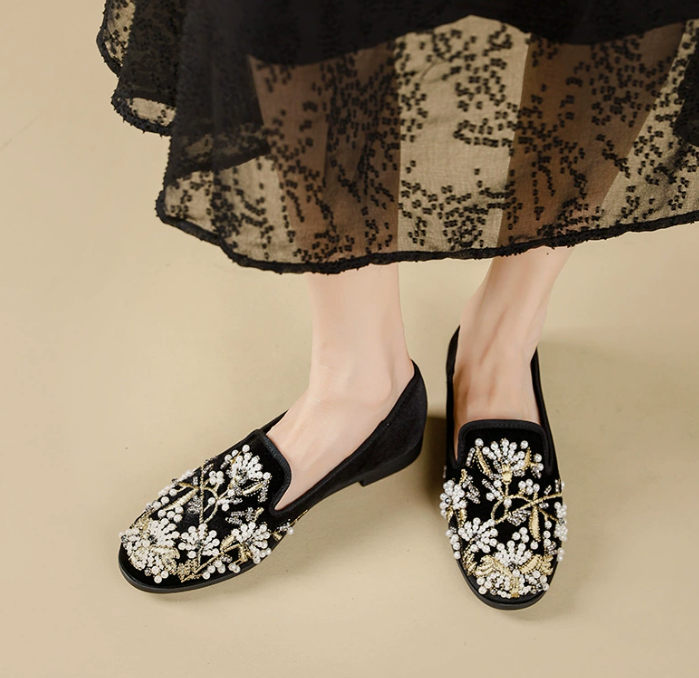Rhinestone square head heavy industry shoes soft surface soft bottom flat bottom metal deep mouth shoes women's spring and autumn beans shoes