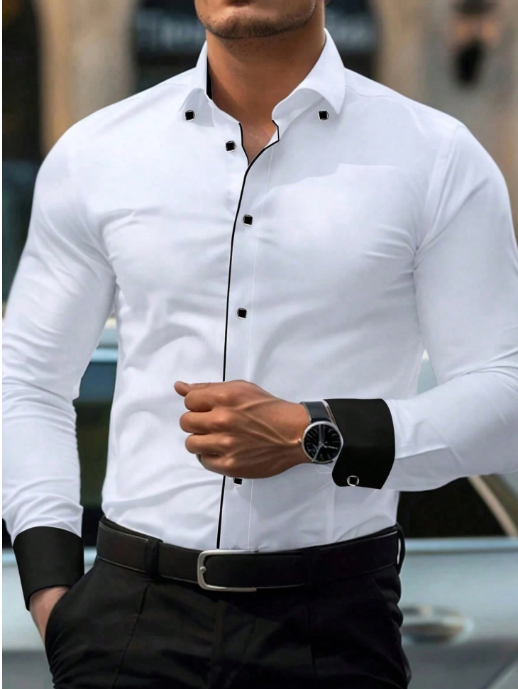Men's contrast color decorative long-sleeved formal shirt, suitable for autumn