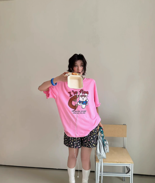 夏季上新款韩货卡通小狗印花短袖女t恤袖子花边上衣