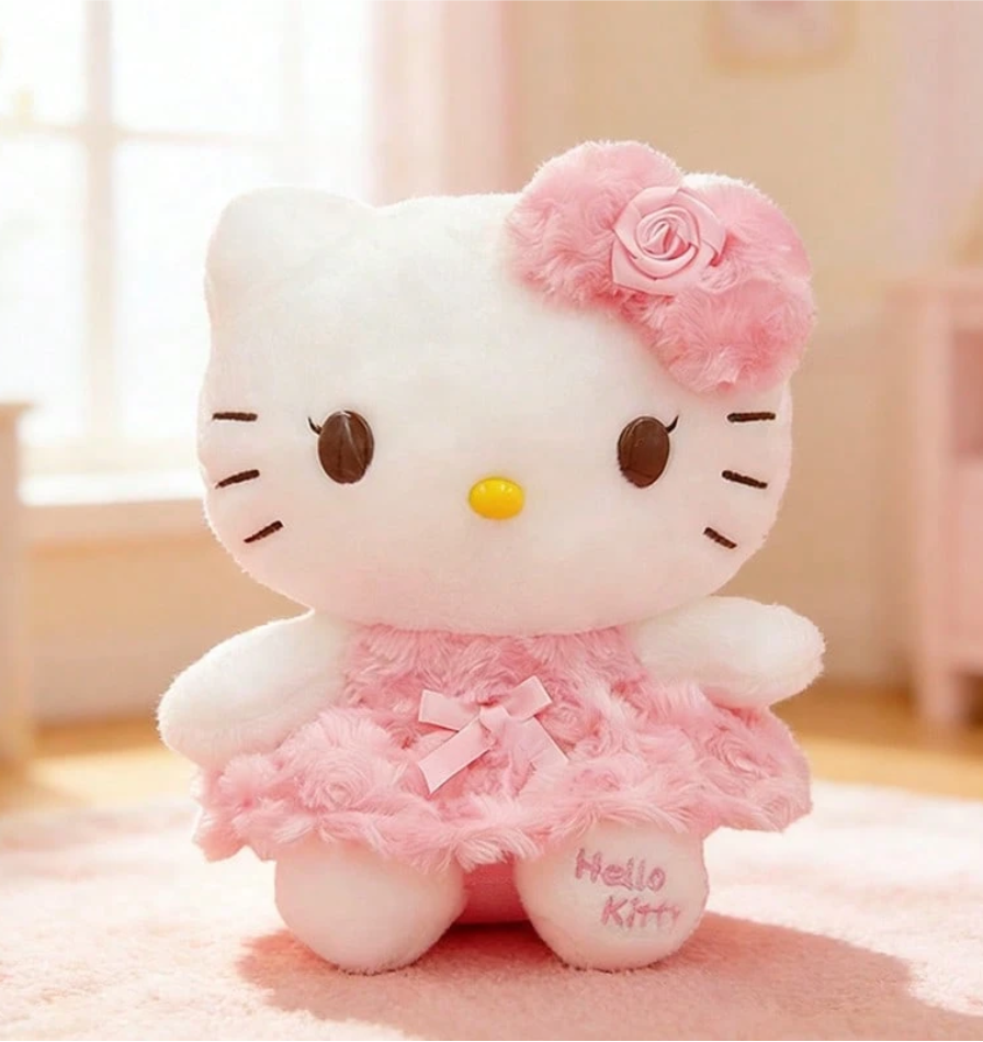 名创优品玫瑰约会Hello Kitty毛绒玩偶 粉白蕾丝装饰 3D玫瑰蝴蝶结 柔软短毛绒材质 卧室装饰品（1个）