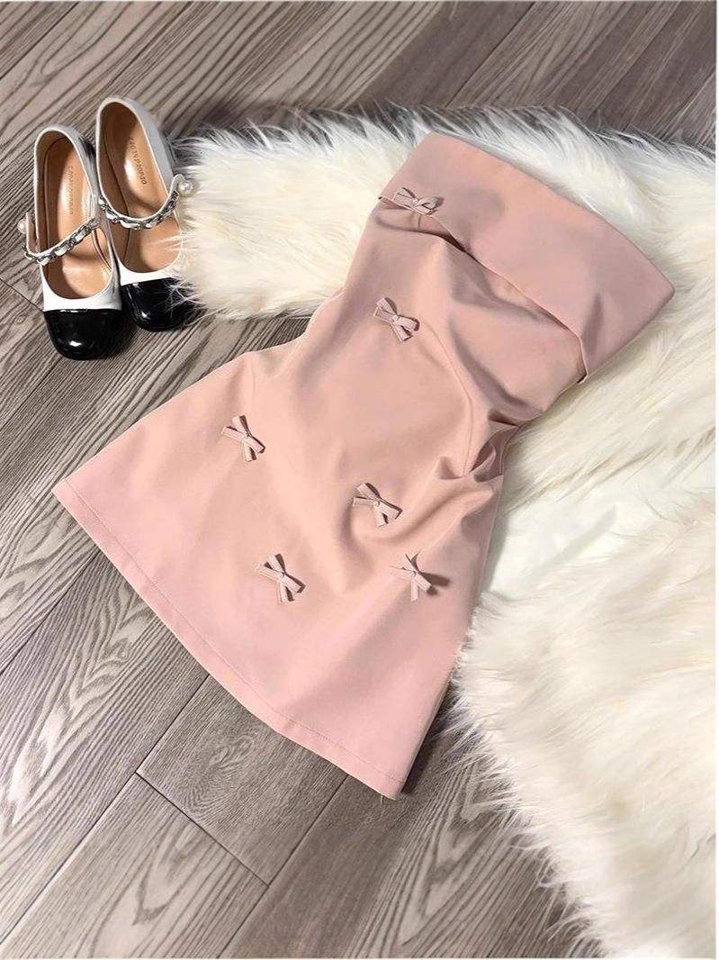 Korean style pink three-dimensional bowknot bra dress women's spring and summer pure style hot girl waist short skirt