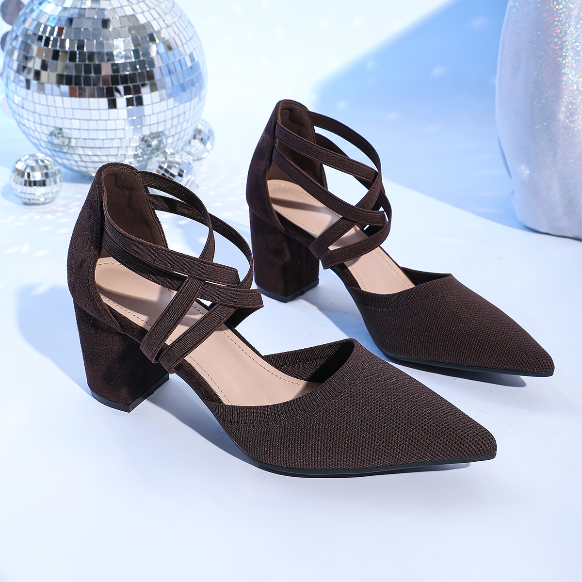 French elegant elastic lace high-heeled shoes women's spring and summer knitted pointed thick heel hollow sandals