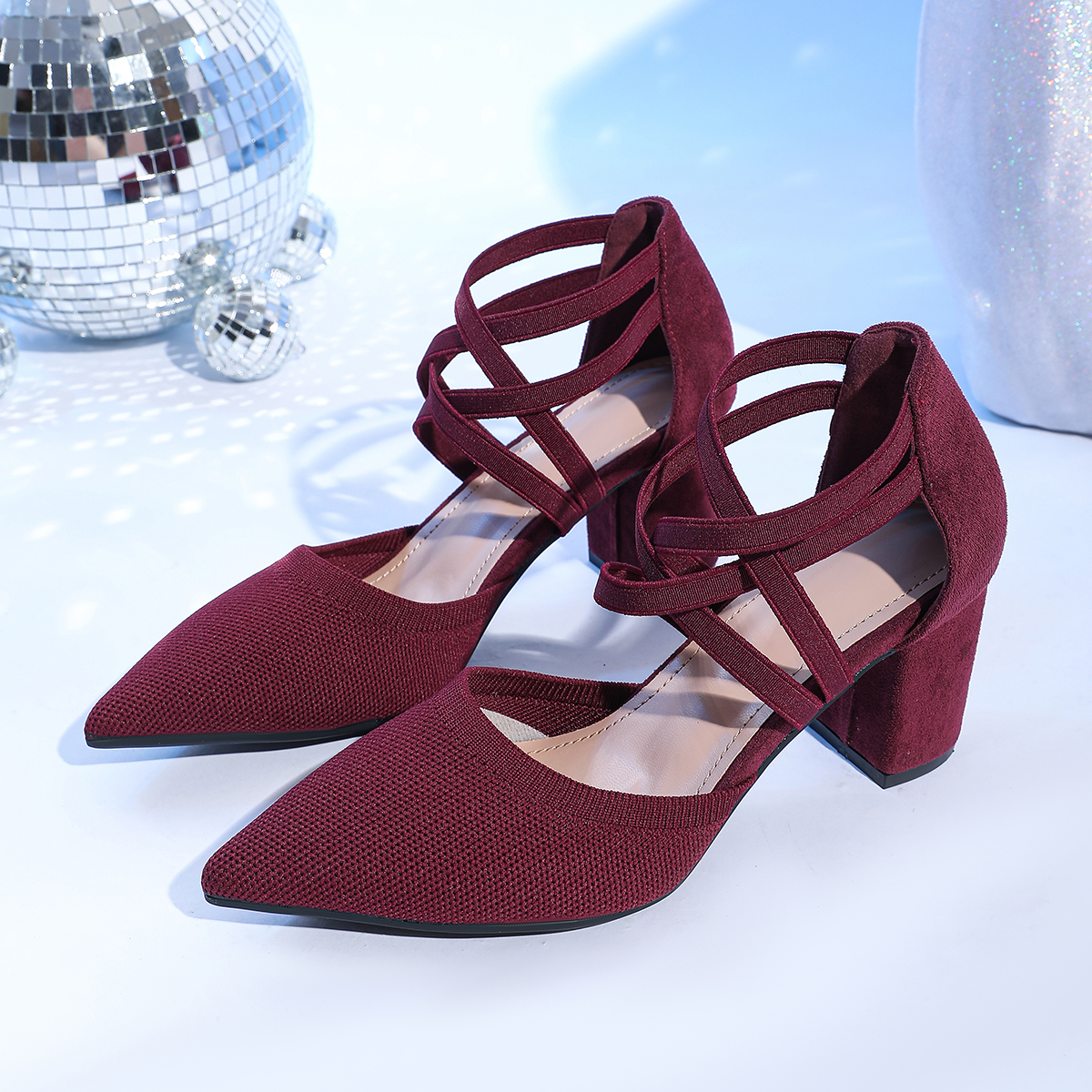 法式气质弹力绑带高跟鞋女 春夏针织尖头粗跟中空凉鞋