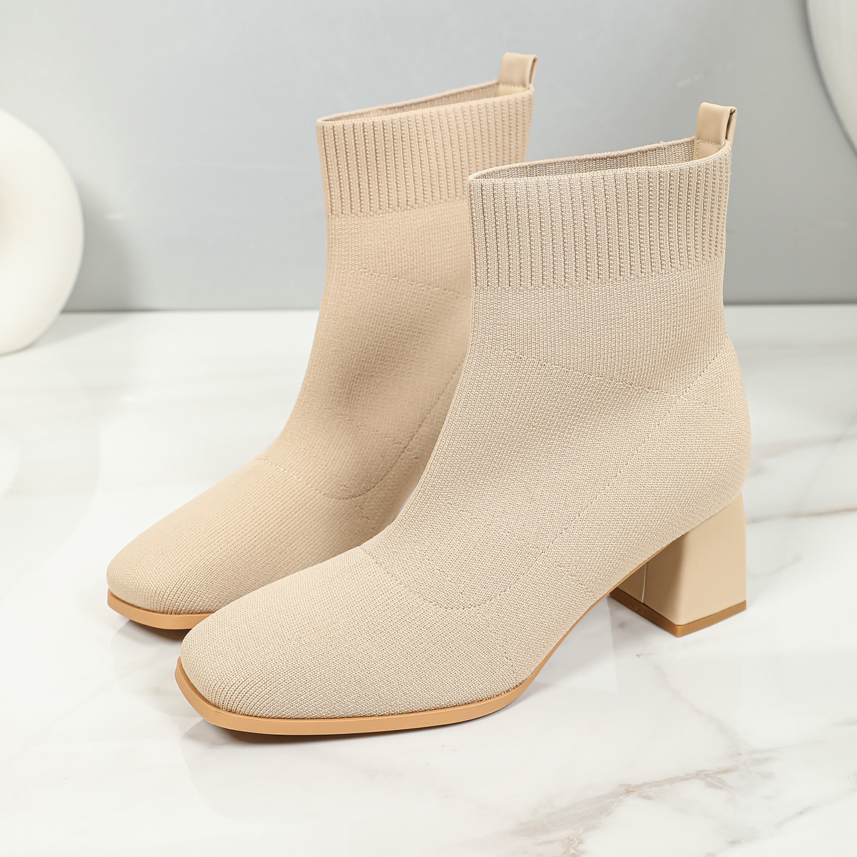 时尚透气飞织方头粗跟袜靴纯色弹力针织短靴 秋冬通勤女靴