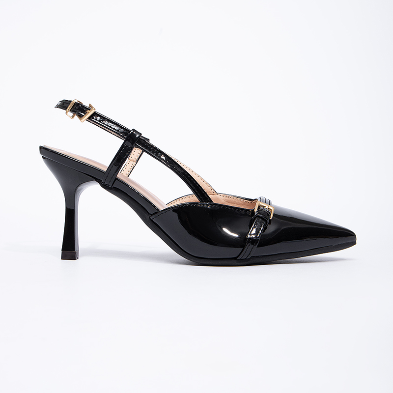 Elegant black patent leather metal buckle pointed high-heeled shoes rear thin heel buckle with commuting date shoes