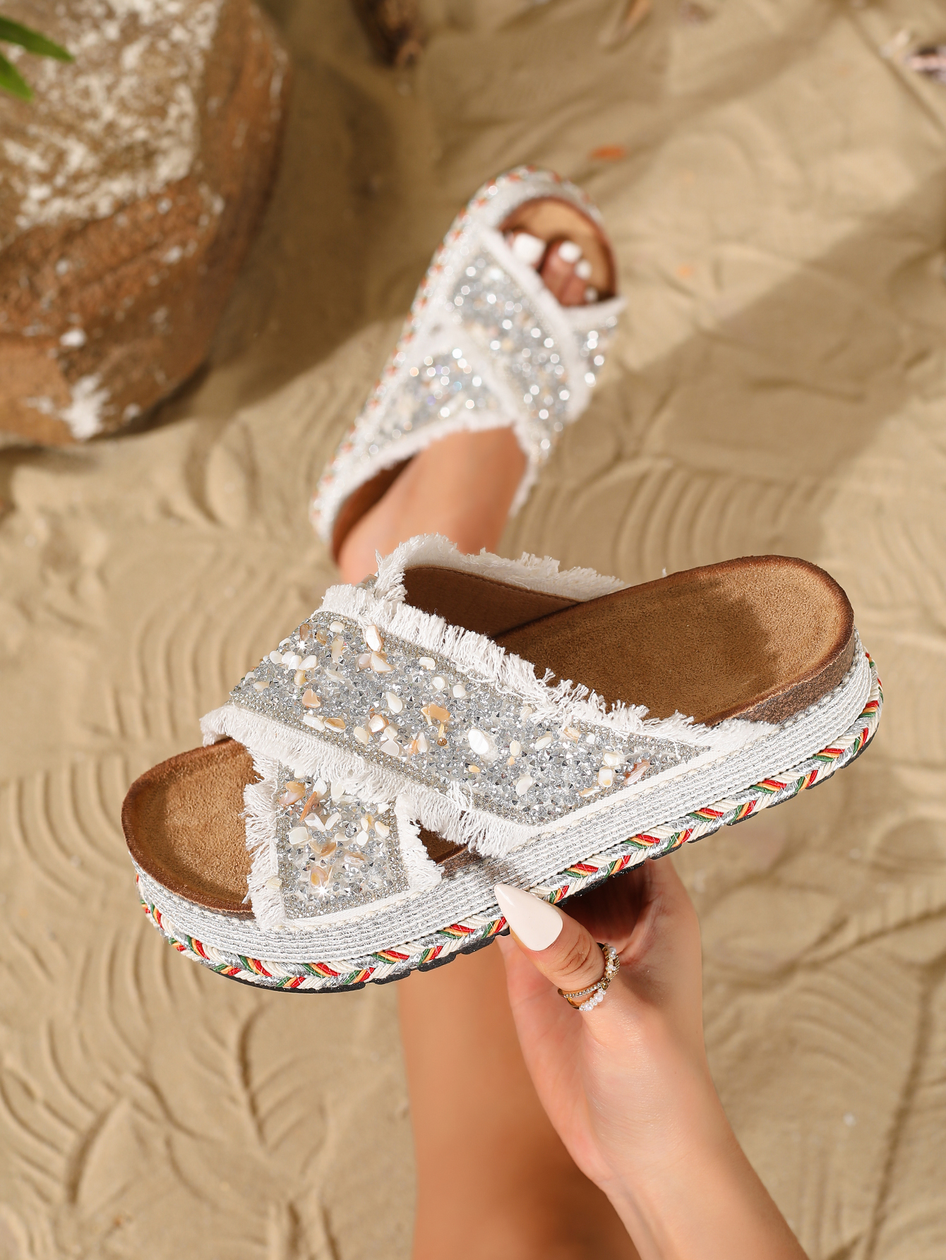 Bohemian style brushed rhinestone thick-soled sandals women's summer outdoor wear Cork non-slip one-line slippers beach shoes