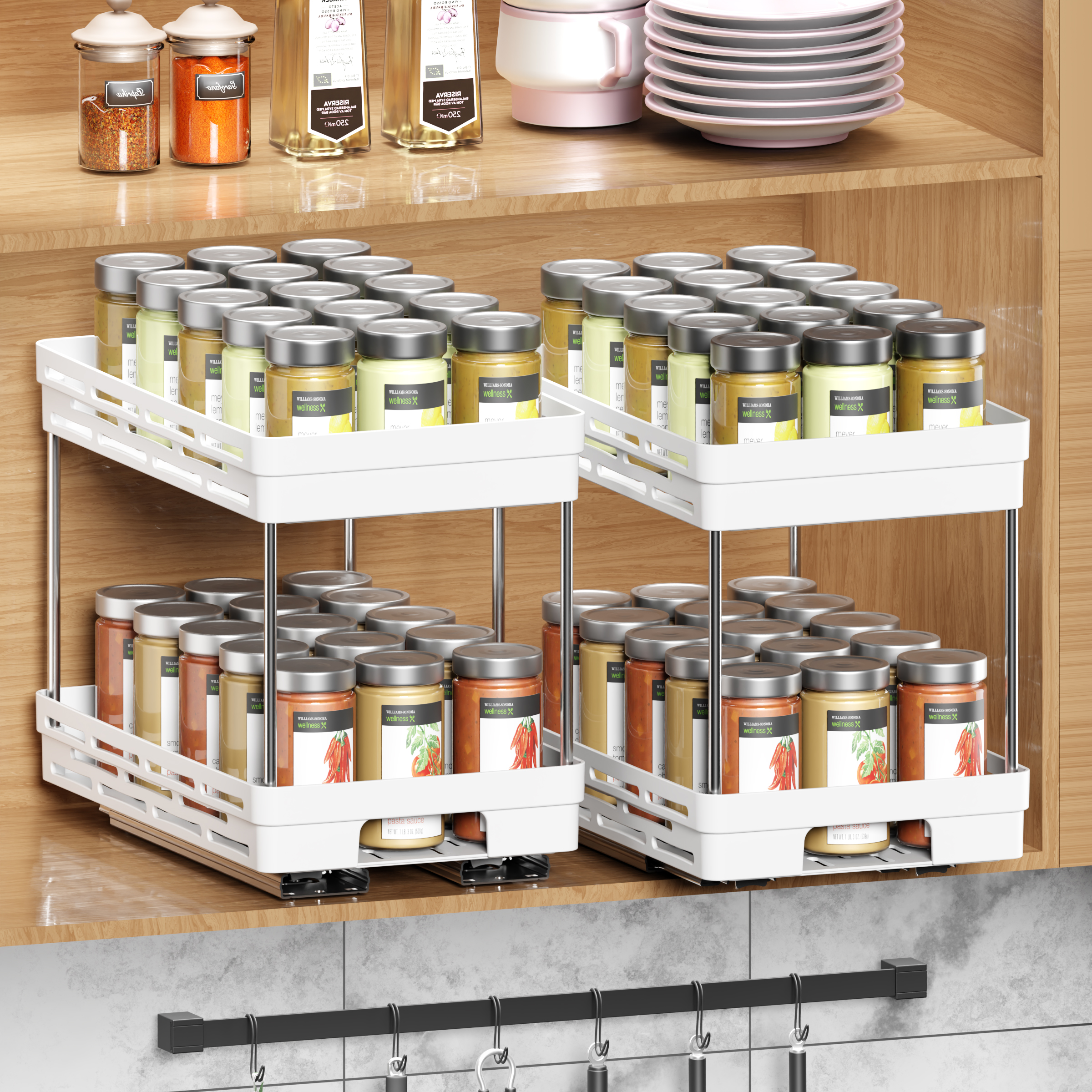 1个多功能调味罐香料瓶收纳架，双层拉出式塑料调味品架，适用于厨房橱柜收纳