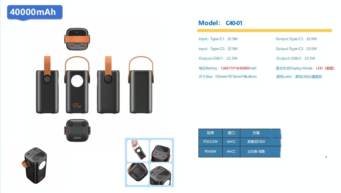 65W 快充 40000mAh 大容量充电宝，三接口同时输出，数显移动电源，笔记本电脑双向快充电源，户外露营 /、徒步、旅行、商务差旅、多人共享，家庭应急等多场景适用。