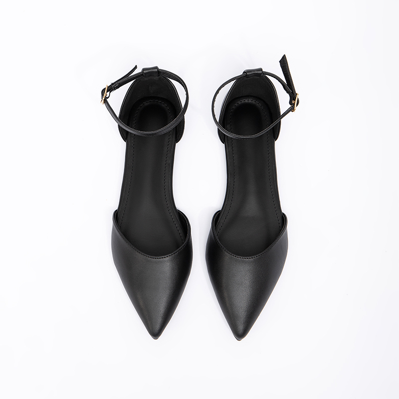 女式黑色 D'Orsay 一字带平底鞋 尖头中空通勤单鞋