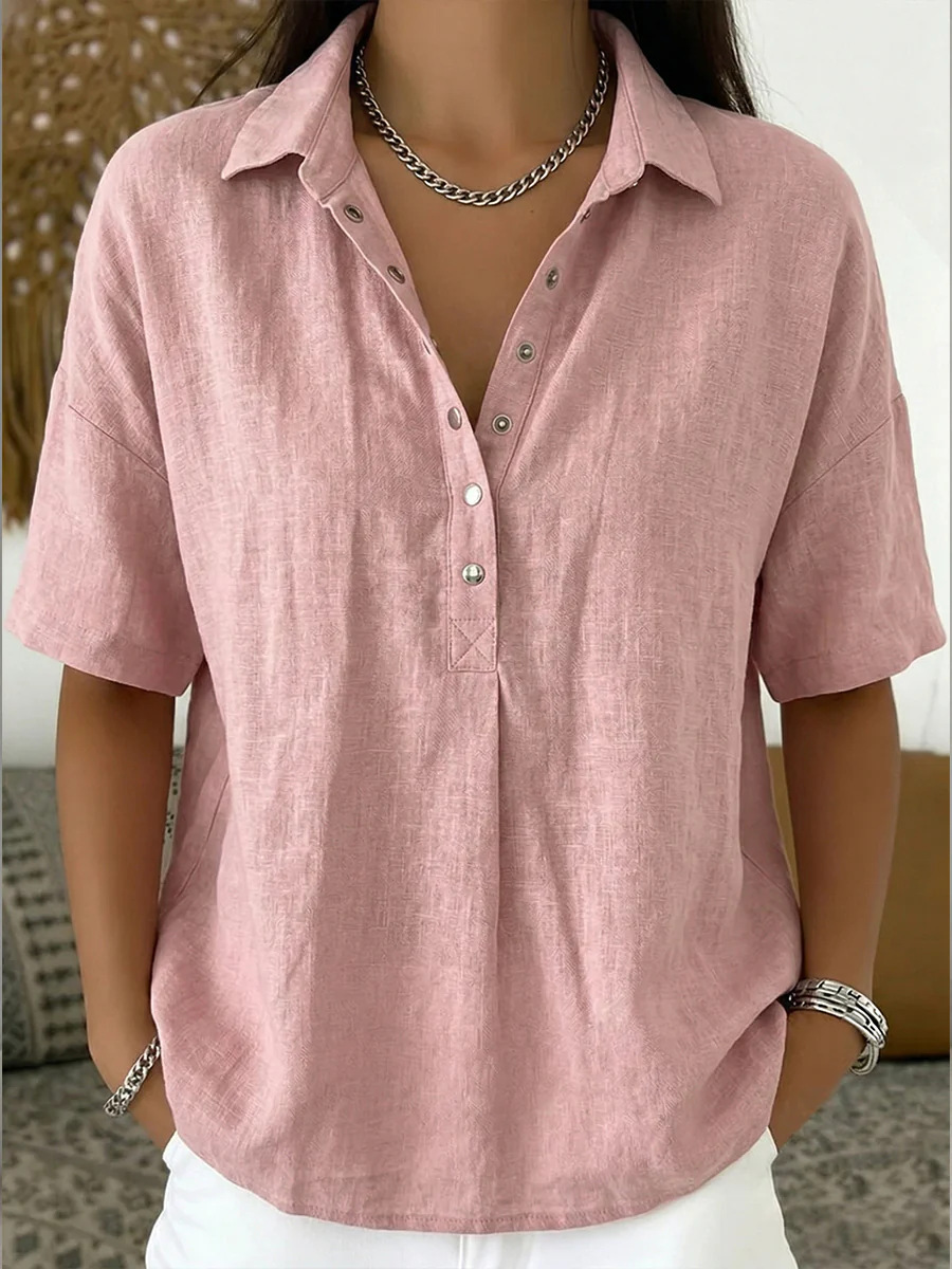 European and American cross-border Amazon independent station 2026 Summer new women's loose comfortable lapel short sleeve solid color shirt