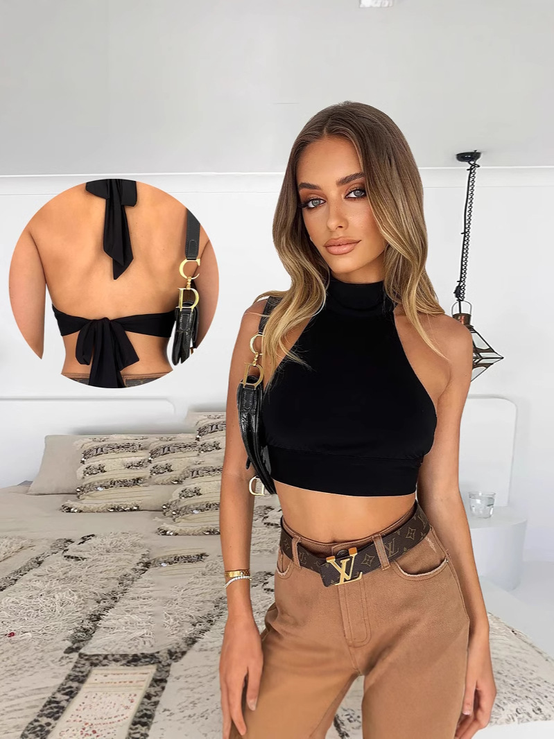 2026 Amazon Bestseller Summer Sleeveless Tie-Up Top Sexy Midriff-Baring Backless Halter-Neck Strappy Women’s T-Shirt