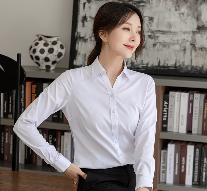 60%棉白衬衫女长袖春秋抗皱韩版衬衣正装职业工装工作服气质V领