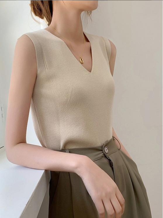 Women's camisole spring and autumn knitted sweater V-neck sleeveless suit inner layer basic top fashionable trendy ice silk blouse