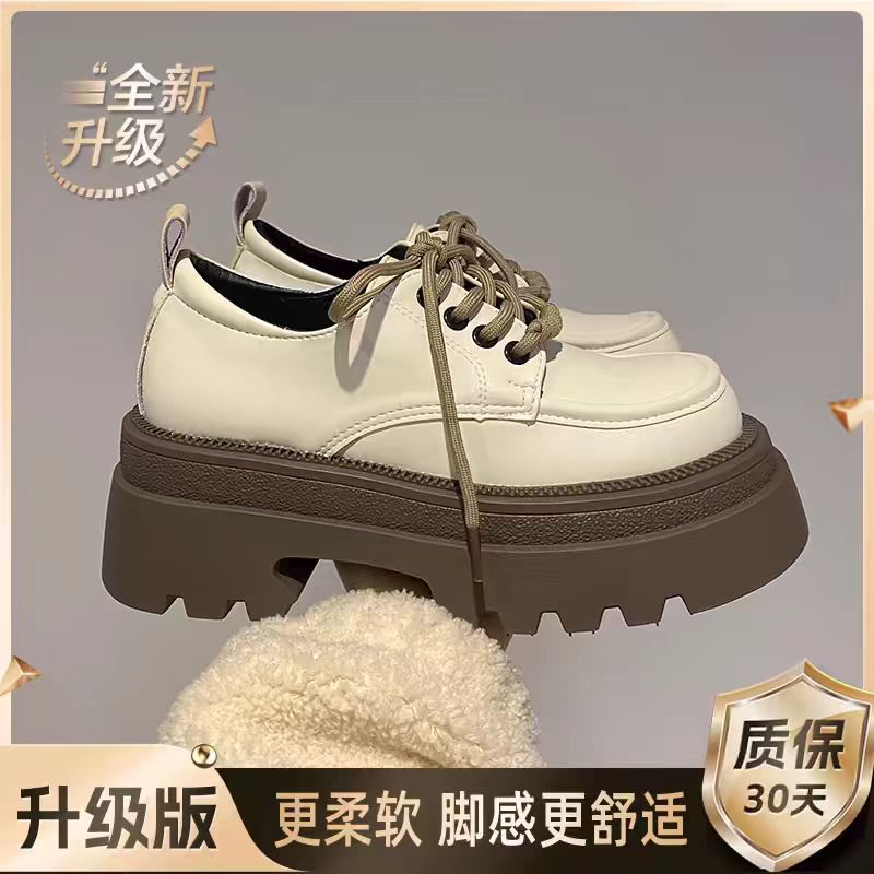 2026春季新款黑色亮面小皮鞋女厚底显高系带松糕鞋复古英伦风单鞋