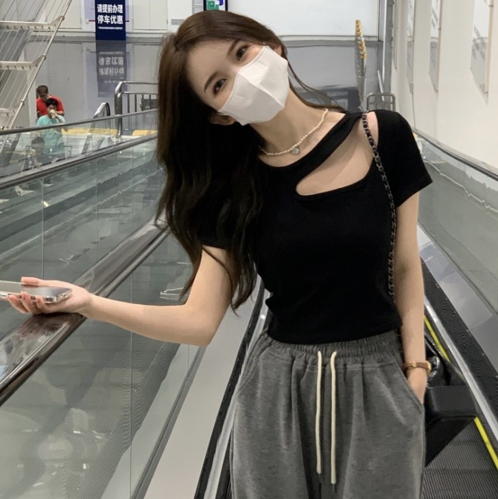 夏季新款纯欲风设计感镂空修身短款打底衫短袖T恤女装上衣