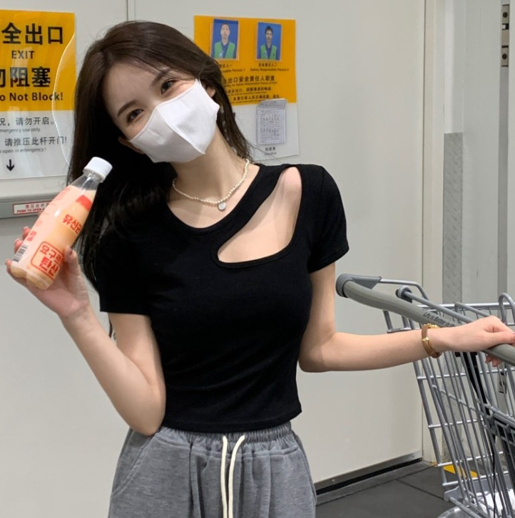 夏季新款纯欲风设计感镂空修身短款打底衫短袖T恤女装上衣