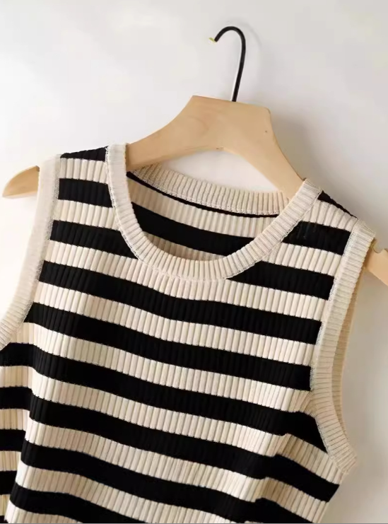 Women’s Loose Spring Tank Top, Round Neck Knitted Sweater, Striped Versatile Casual Street Sleeveless Top