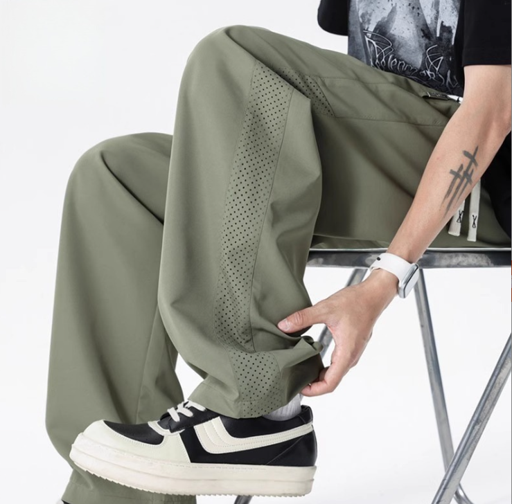 Thin mesh breathable quick-dry straight-leg casual pants for men, new summer trendy brand ice silk loose long pants
