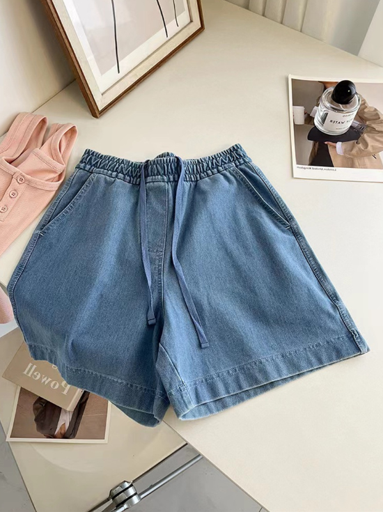 Washed cotton denim women's shorts, summer drawstring elastic high waist, A-line slim fit, loose sporty casual wide-leg hot pants