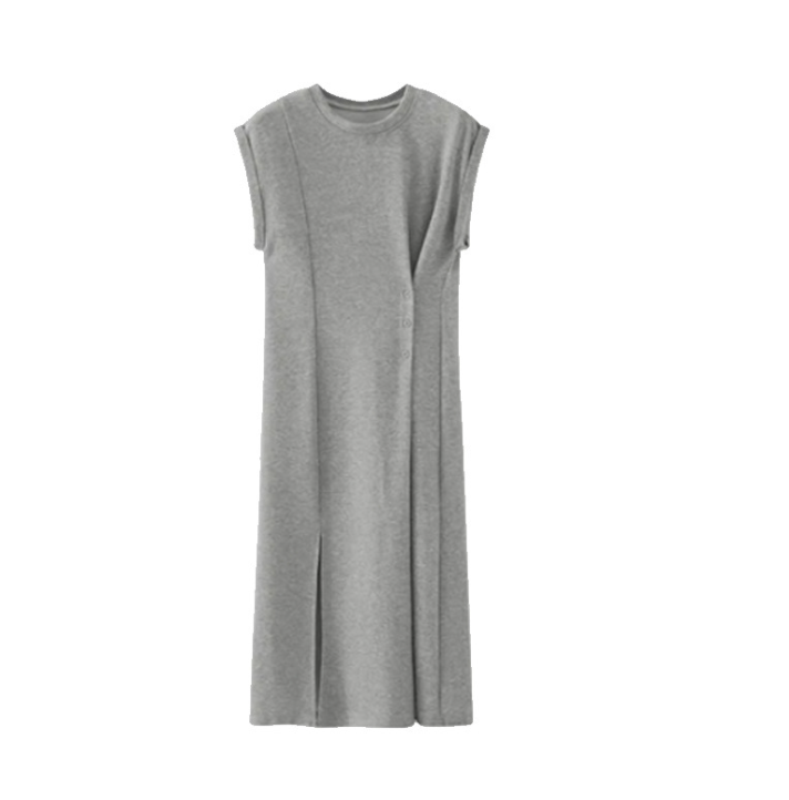 Gray split T-shirt dress for women, elegant summer design, niche style, waist-cinching, slim-fit, short-sleeve, casual long dress