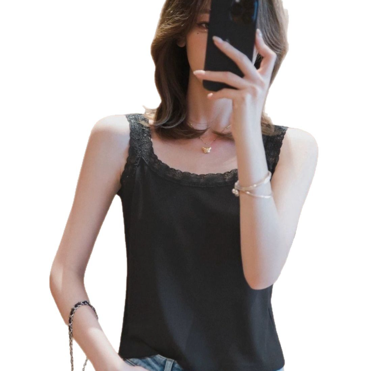 春夏季冰丝蕾丝吊带背心女宽松大码外穿内搭打底衫无袖螺纹背心潮