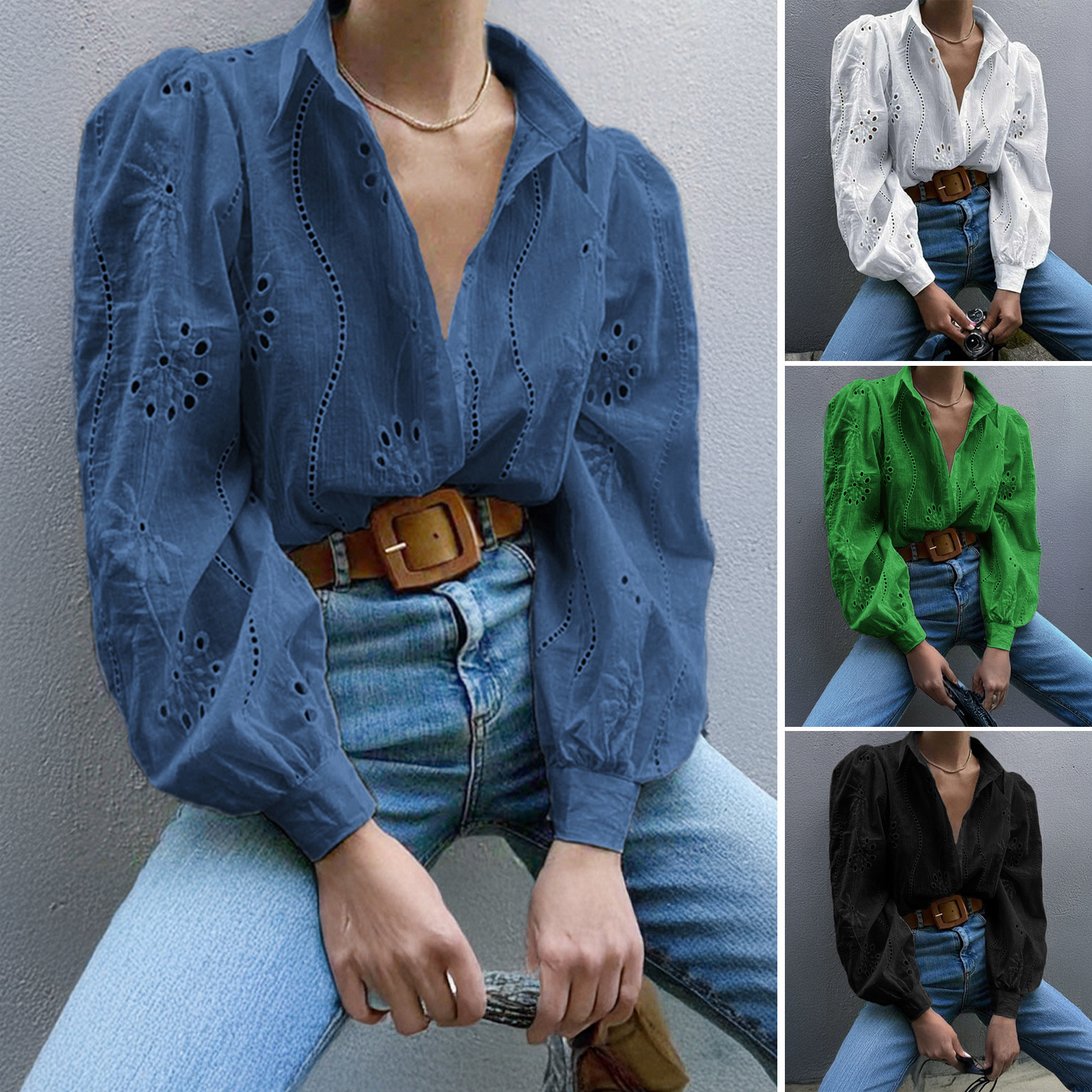 Diyun Amazon 2026 spring and summer Foreign Trade European and American leisure loose fashion hollow bubble sleeve cardigan top women's clothing