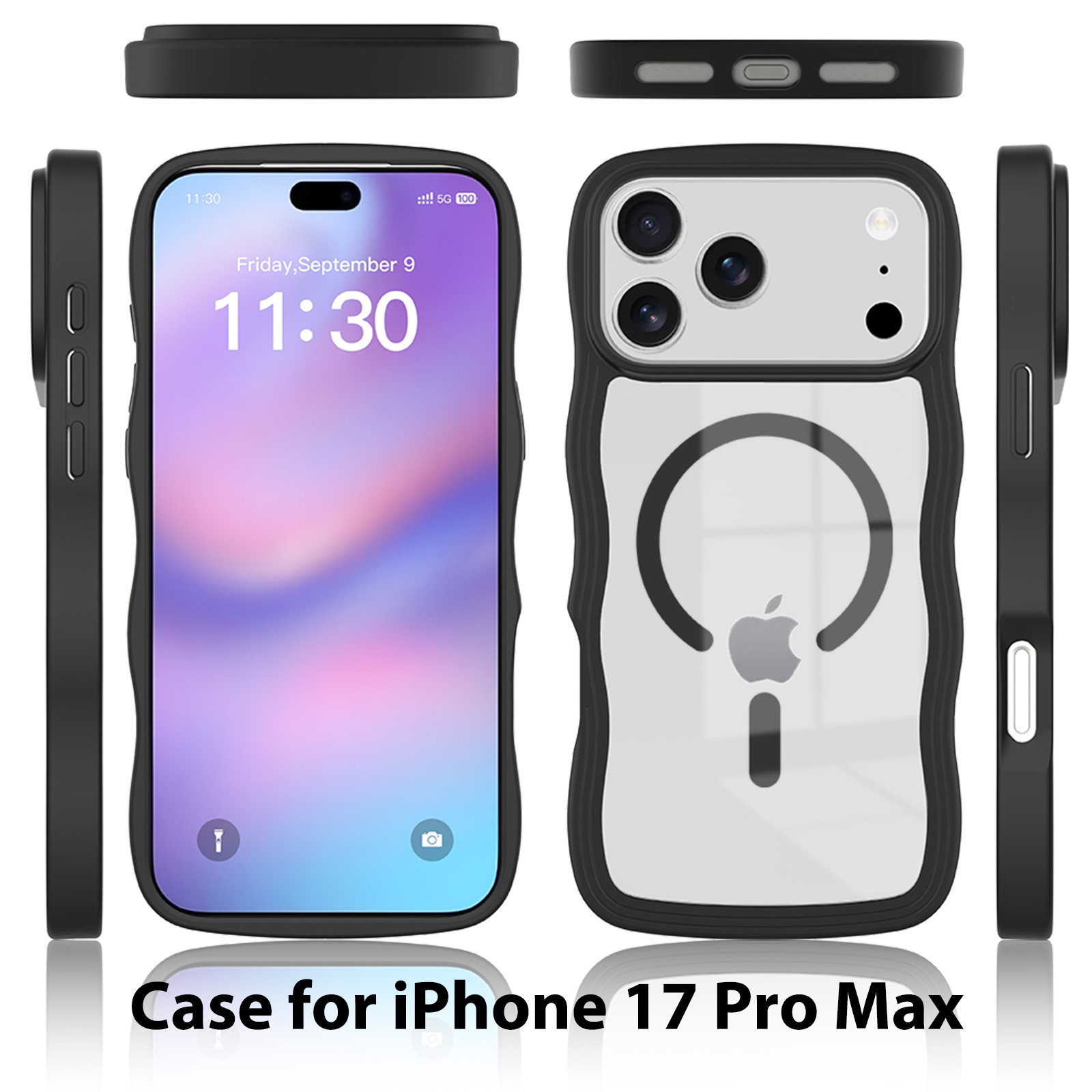 iPhone 17 Pro Max 波浪纹磁吸手机壳，大孔曲边磁吸壳 ，PC+TPU材质，耐刮耐磨 ，多色简约手机保护套。