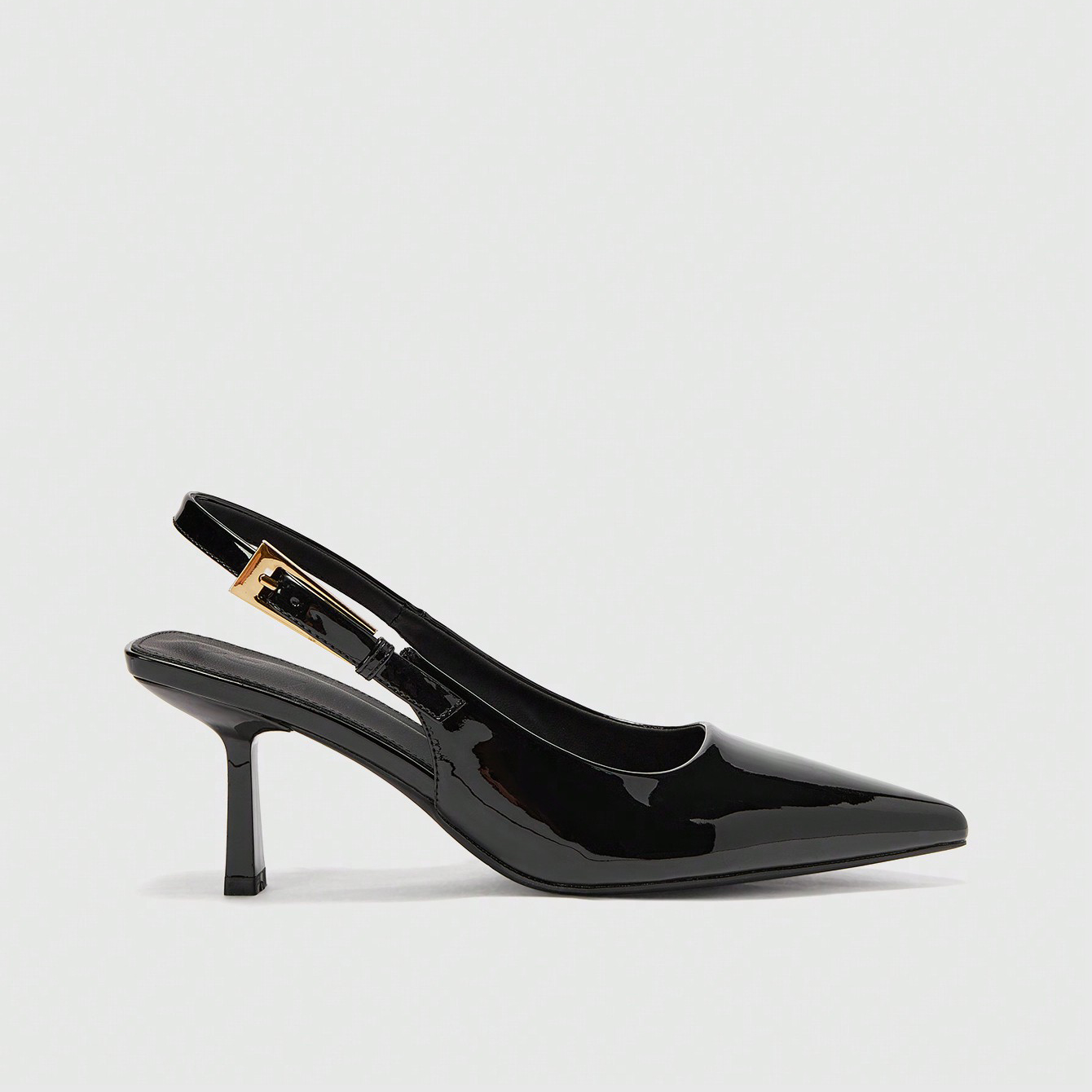 Elegant Black Patent Slingback Heels for Women Pointed Toe Gold Buckle Wedding Guest & Party One-Strap Stiletto Slingback Sandals