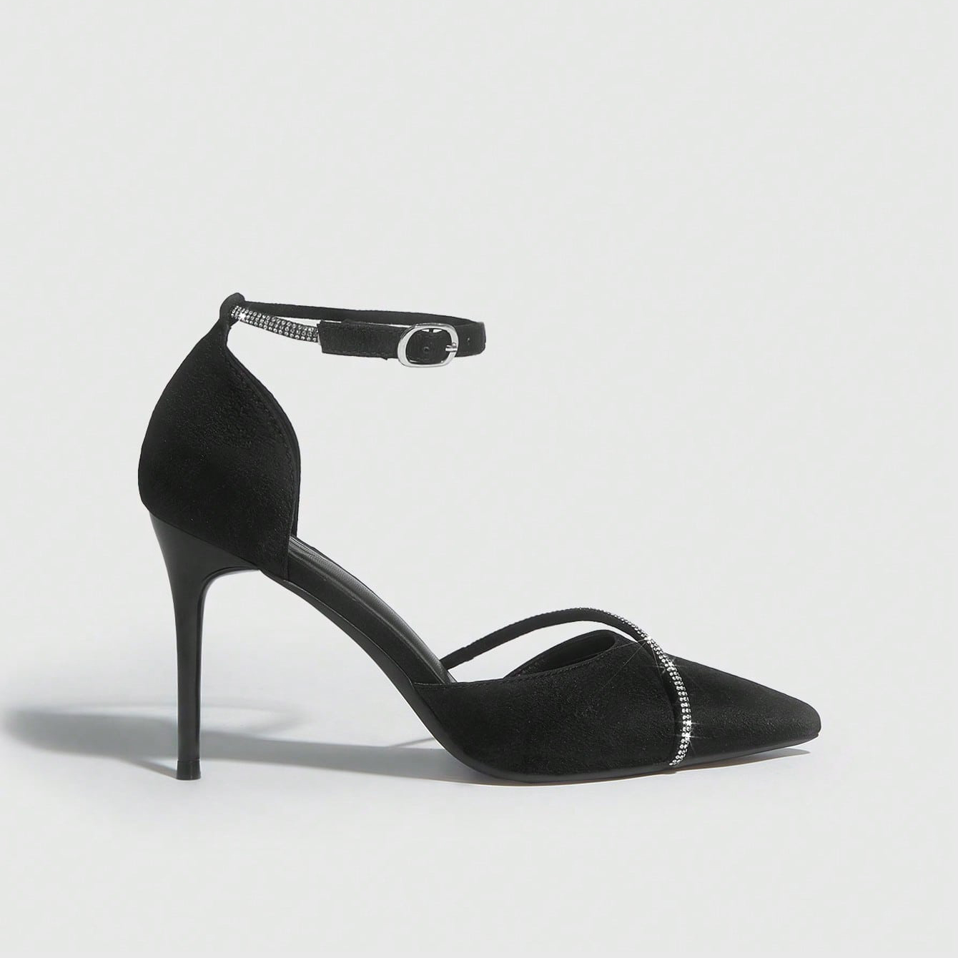 Women's Black Suede Pointed Toe Stiletto Ankle Strap Sandals Rhinestone Embellished Wedding Party & Office Dress Heels