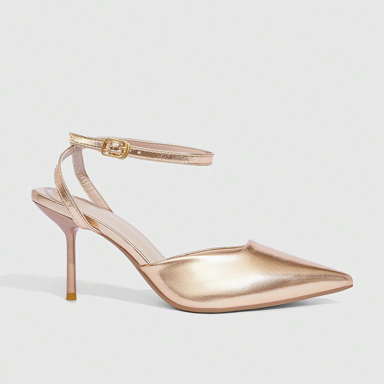 Women's Elegant Champagne Gold Pointed Toe Stiletto Heels - Metallic Ankle Strap Slingback Evening Party Wedding Bridal Dress Pumps