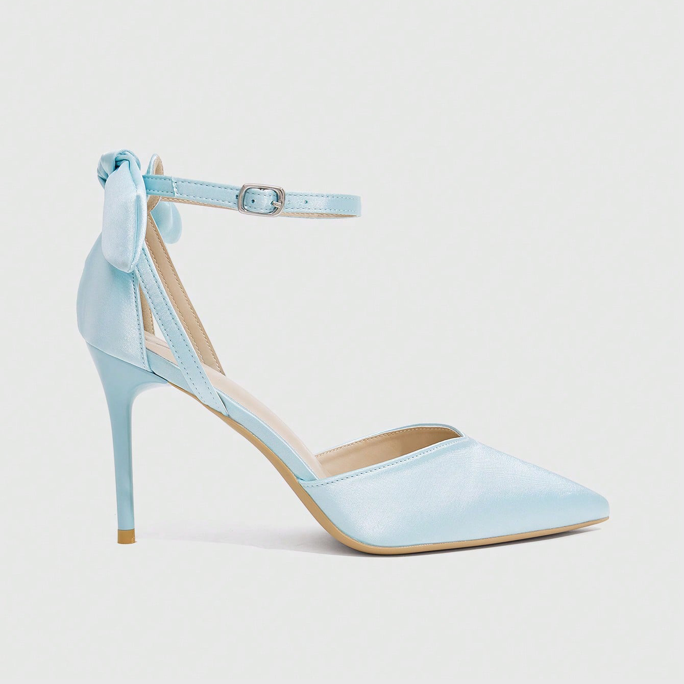 女士优雅浅蓝色缎面尖头细跟凉鞋蝴蝶结一字带高跟鞋 婚礼宴会新娘礼服单鞋