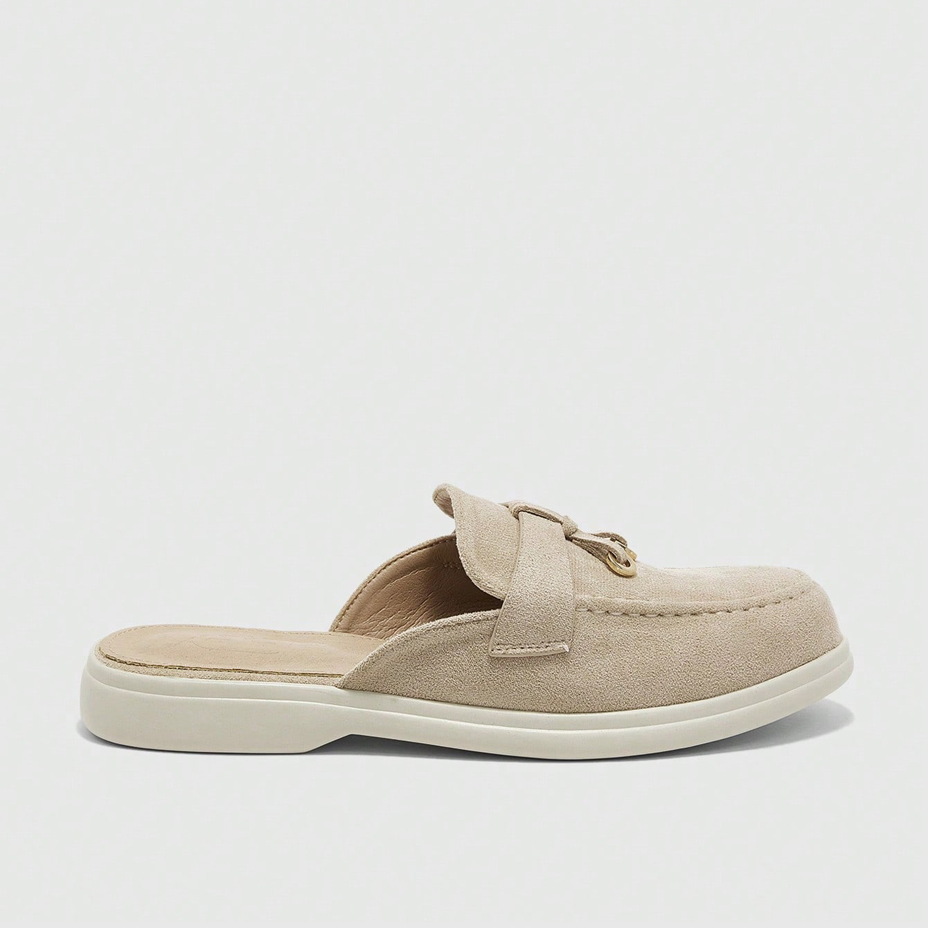 Women's Beige Suede Mule Slippers with Metal Buckle - Casual Comfort Slip-on Loafers for Daily Wear