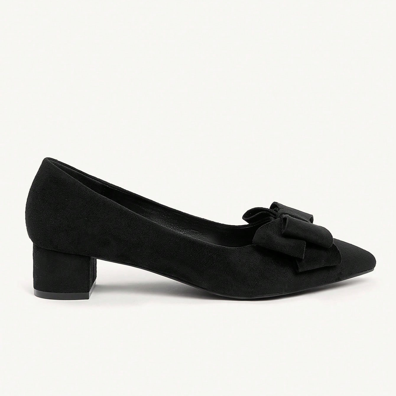 Women's Black Suede Pointed Toe Block Heel Pumps with Bow - Elegant Office Work Casual Dress Shoes