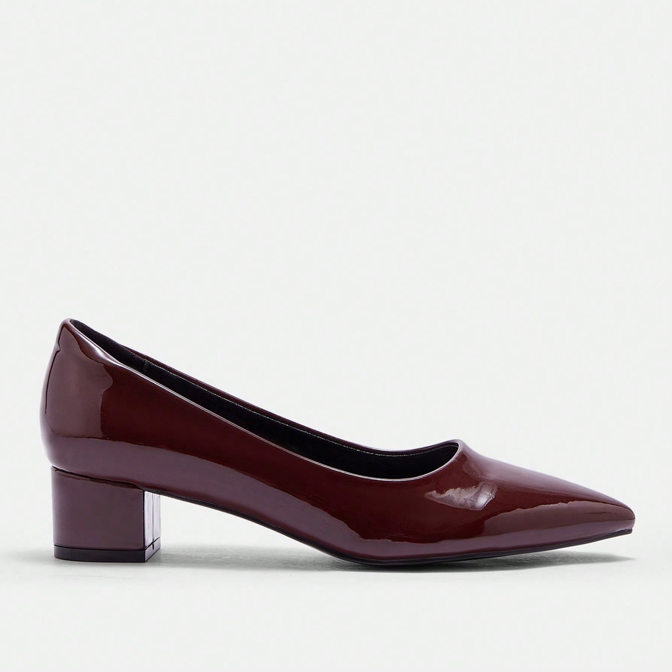 Women's Burgundy Patent Leather Pointed Toe Block Heel Pumps - Elegant Office Work Formal Dress Shoes