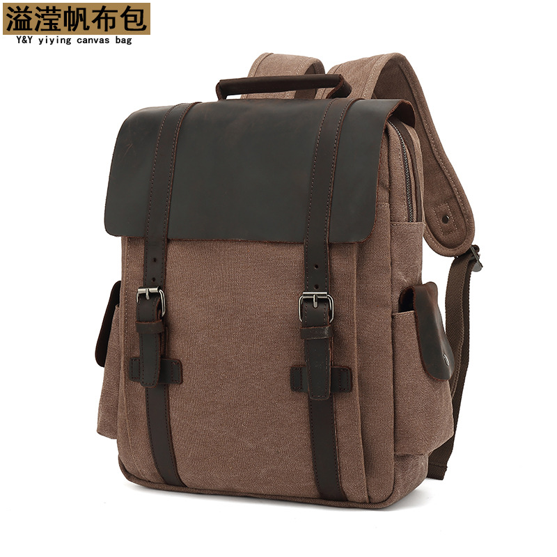 Backpack College student travel backpack men's and women's outdoor travel bag canvas with Crazy Horse skin Amazon hot