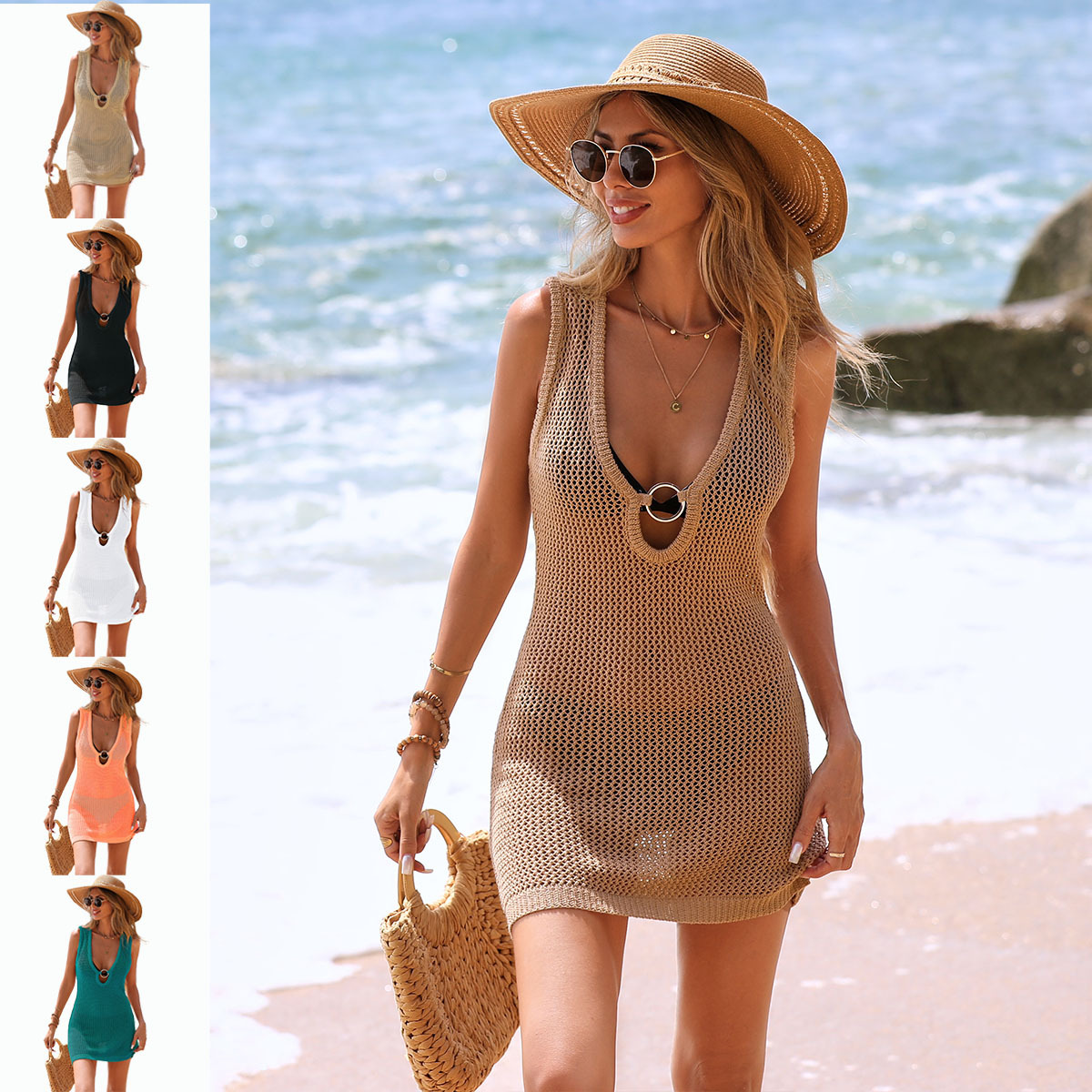 2026 New Cross-Border Beach Dress Ruffled Hollow-Out Deep-V Neck Amazon Best-Selling Beach Bikini Cover-Up