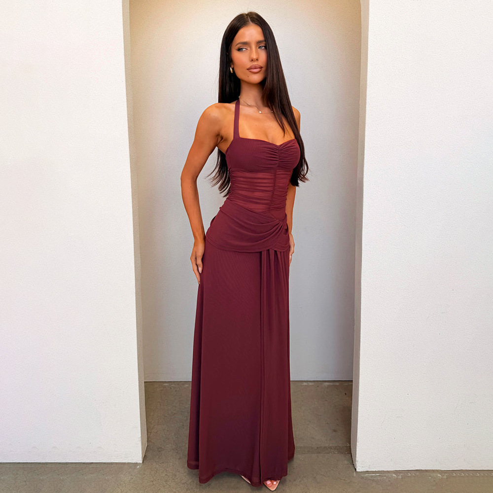 European and American ins summer New Elegant sexy low-cut neck dress solid color waist-closed backless fishtail dress