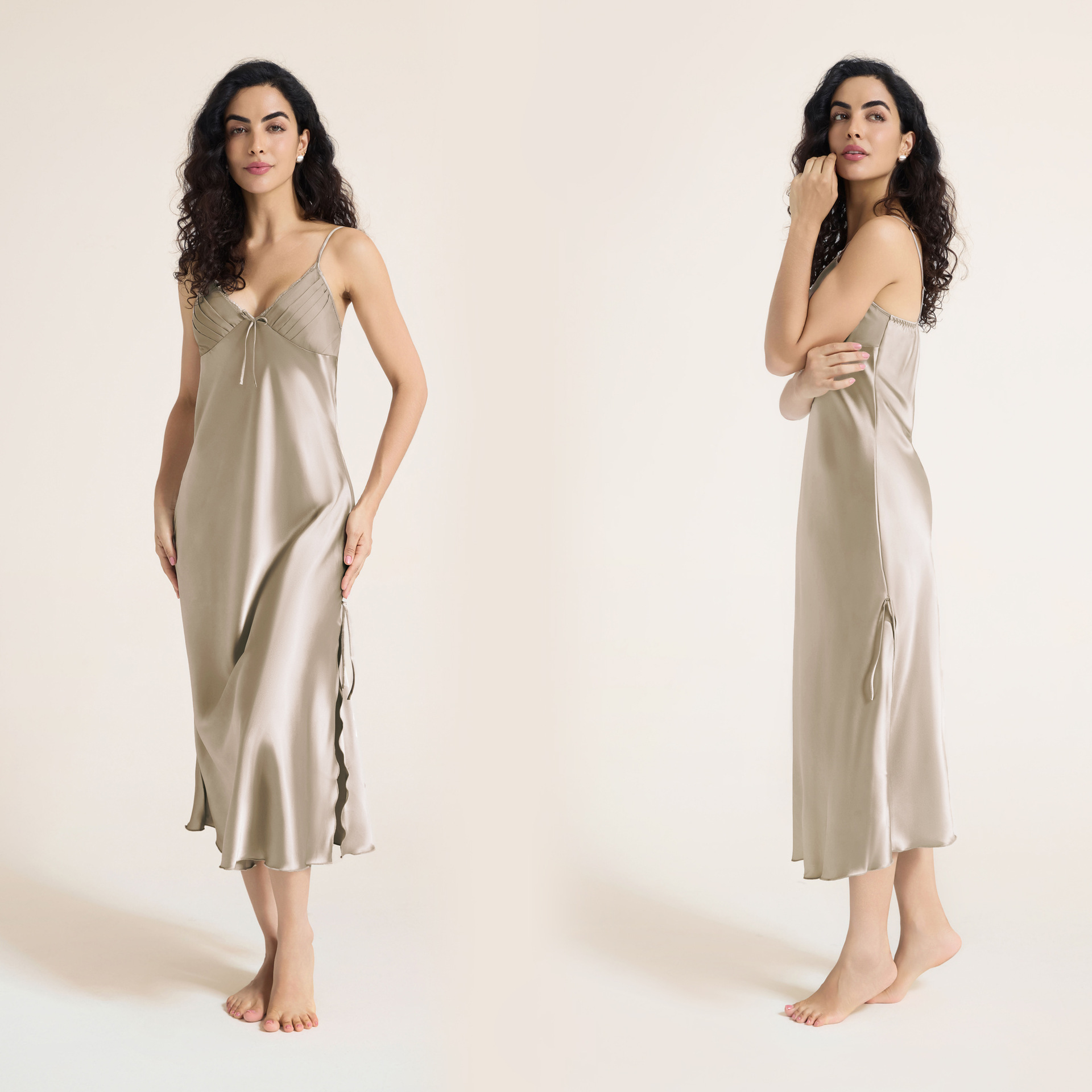 Suspender pajamas women's summer ice silk sexy split long nightdress bow home clothes suspender skirt