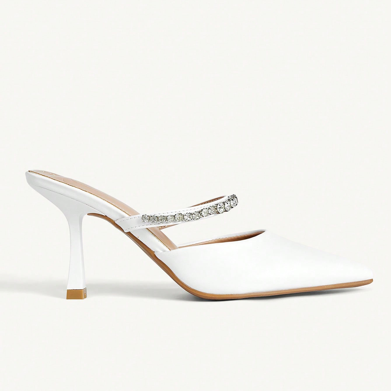 Women's White Leather Pointed Toe Stiletto Mules with Rhinestone Strap - Elegant Wedding Bridal Party Heels