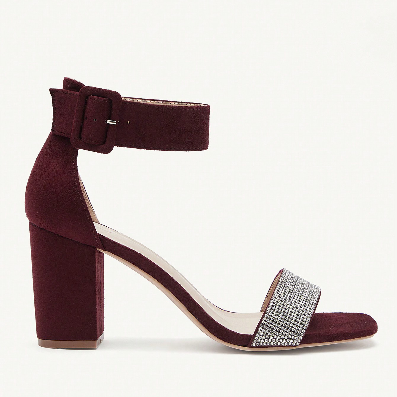 Women's Burgundy Suede Rhinestone Ankle Strap Block Heel Sandals - Elegant Party Dress Heels