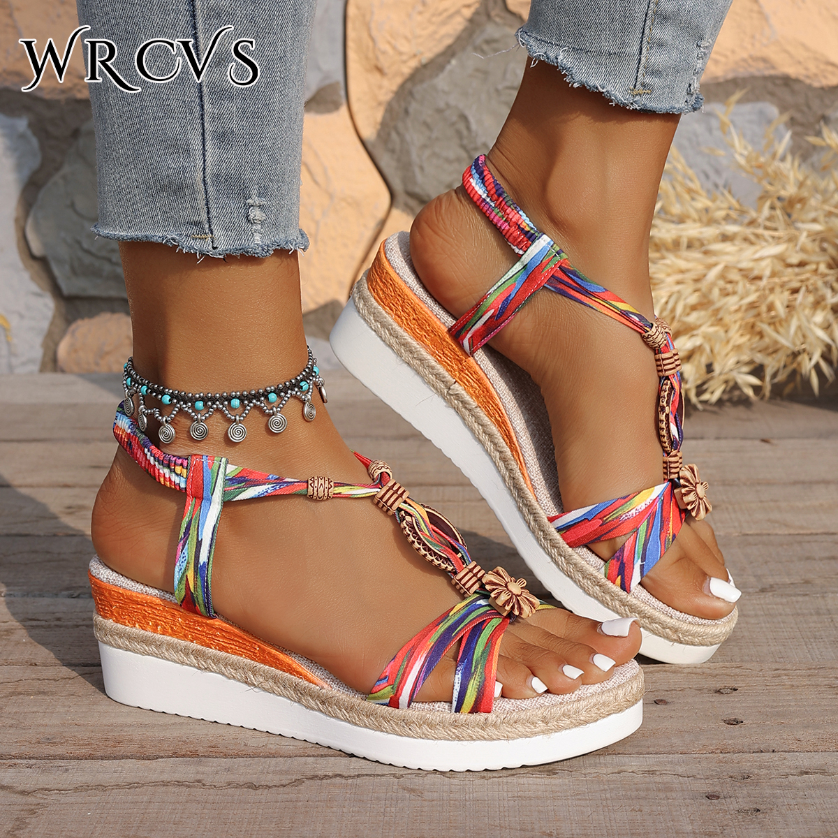 Summer Women's Sunshine Beach bohemian rainbow flower decorative wedge sandals