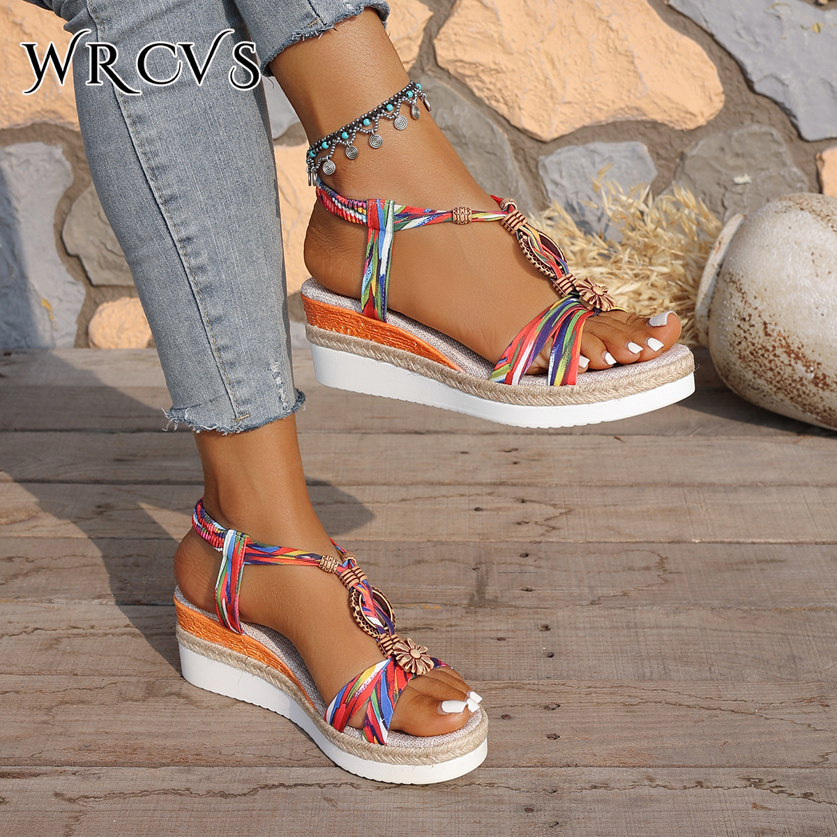 Summer Women's Sunshine Beach bohemian rainbow flower decorative wedge sandals