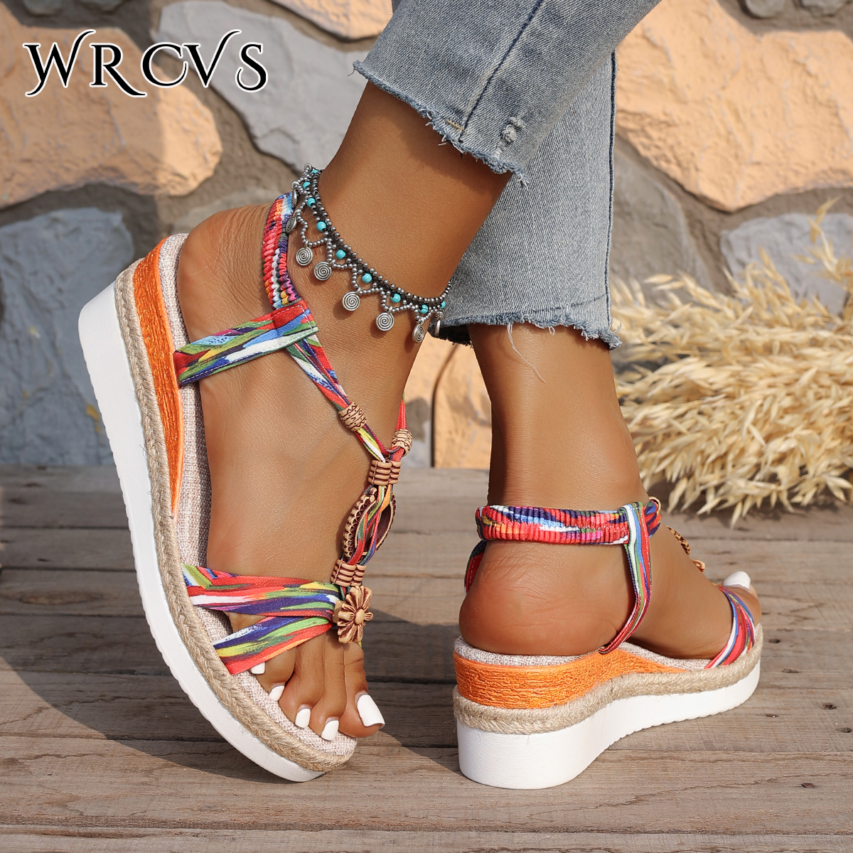 Summer Women's Sunshine Beach bohemian rainbow flower decorative wedge sandals