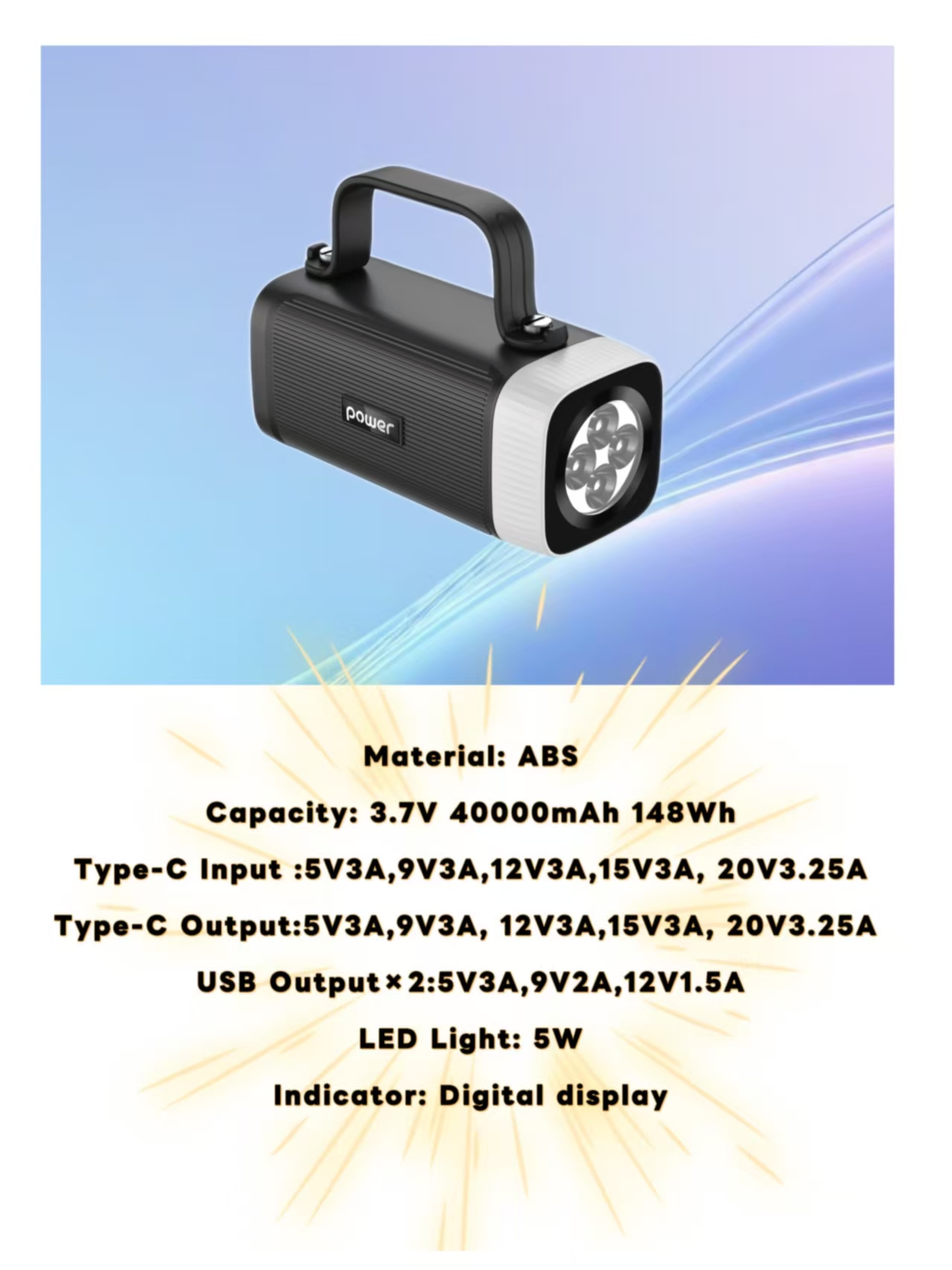 148Wh 超大容量 65W PD 双向快充充电宝 ,5W 强光照明,三接口同时输出户外移动电源 ,自驾露营商务差旅，多人聚会，应急储能充电宝