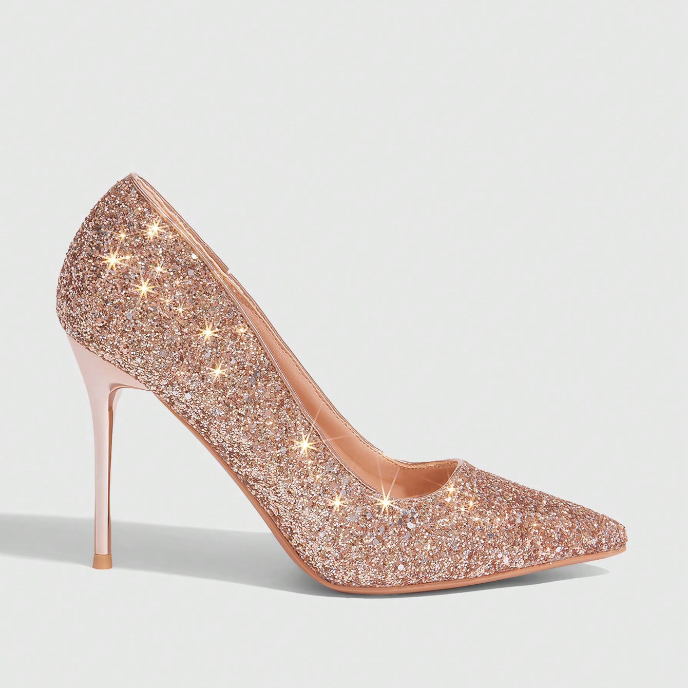 Women's Rose Gold Glitter Pointed Toe Stiletto Heel Pumps - Elegant Bridal Wedding Party Heels
