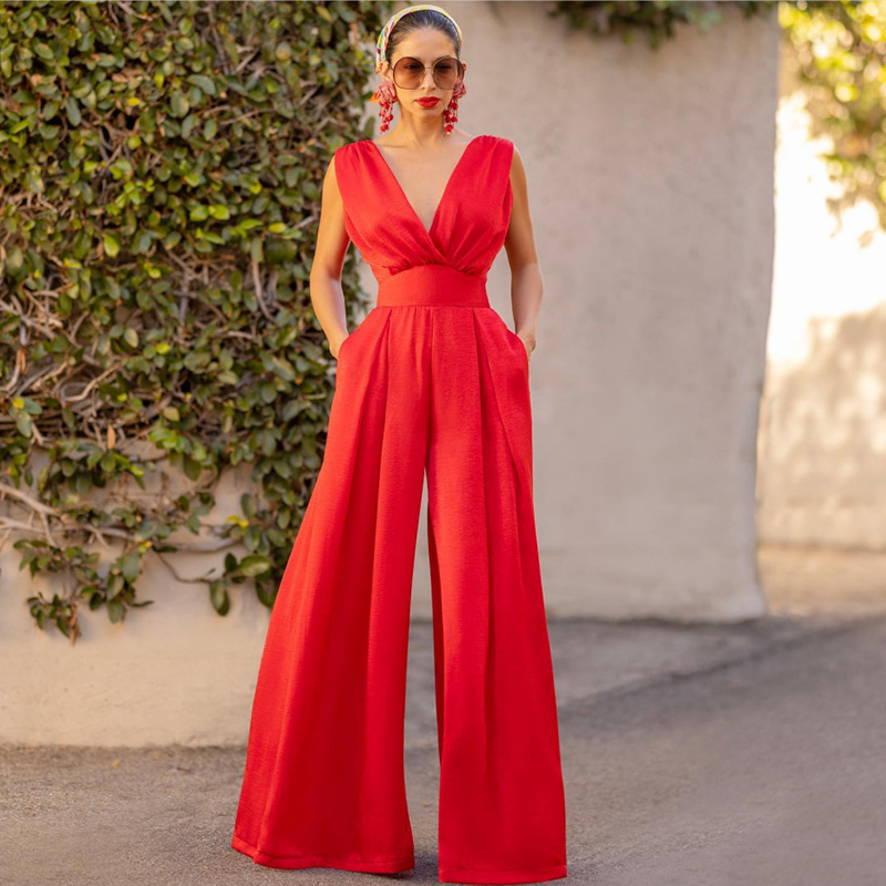 2026 European and American Foreign trade fashion summer new slim fit jumpsuit high waist slim fit straight wide leg pants for women
