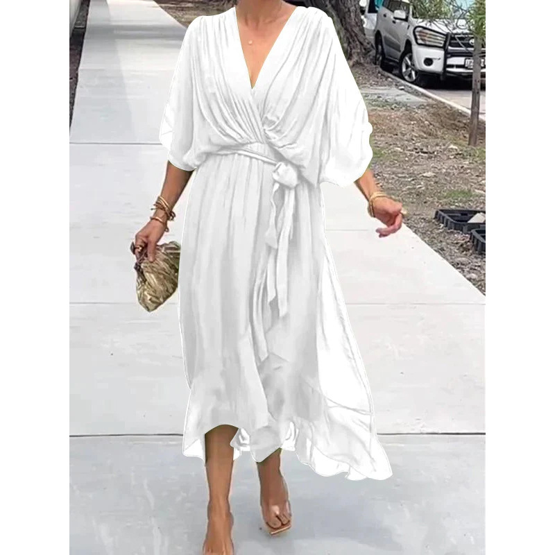 2026新款欧美女装跨境亚马逊纯色系带长裙蝙蝠袖不规则连衣裙大码