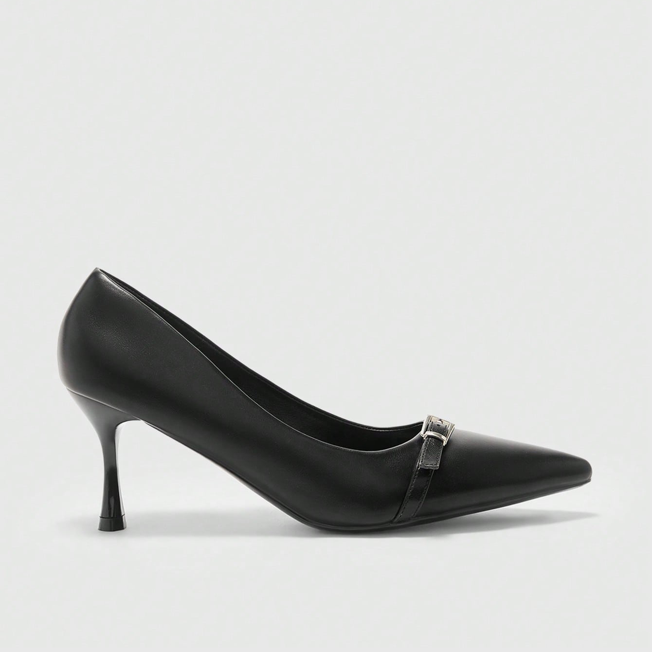 Women's Black Matte Leather Pointed Toe Kitten Heel Pumps with Buckle - Elegant Office Party Dress Heels