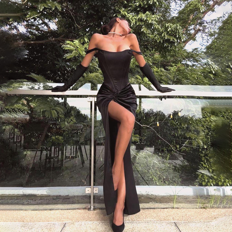 欧美外贸夏季2026性感时尚露背扭结开叉礼服缎面长款连衣裙女批发