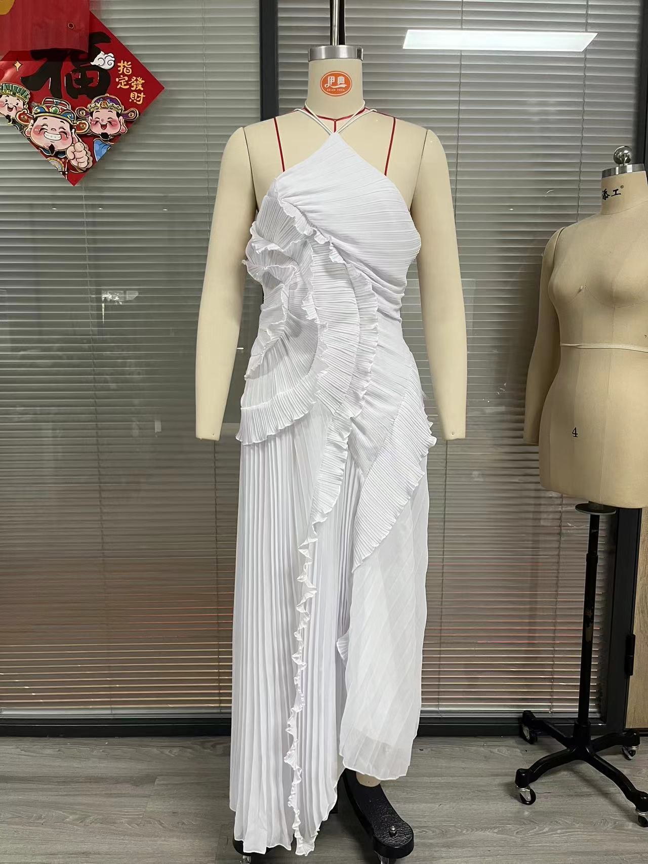跨境专供高端雪纺连衣裙女 荷叶边褶皱设计显瘦中长裙 欧美快时尚